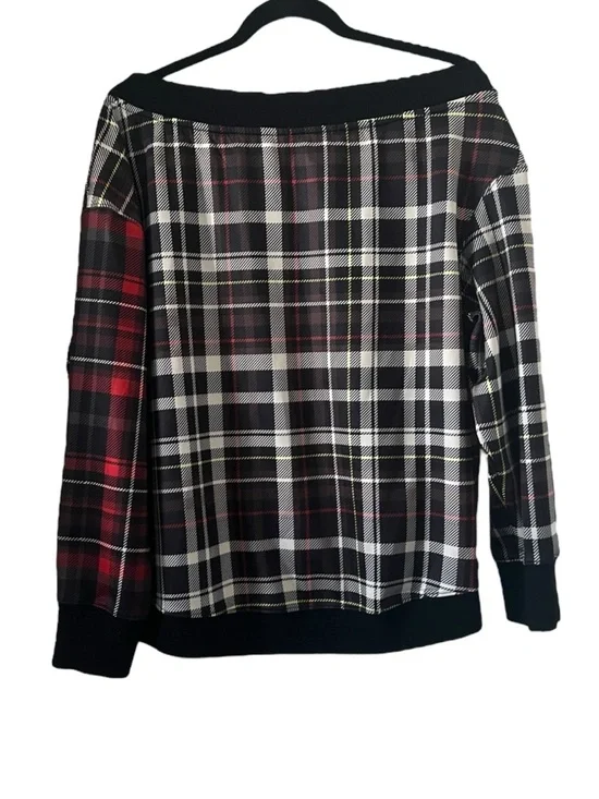 Alice + Olivia Natalie Mix Plaid Off The Shoulder Sweatshirt - Picture 3 of 12
